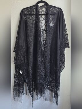 Black Lace Fringe Kimono Cover-Up